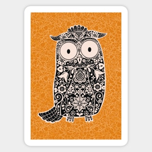 Black and White Folk Art Owl on orange floral background Sticker